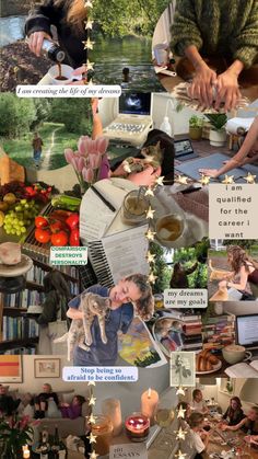 a collage of photos with people sitting at a table in front of books and flowers