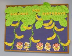 a bulletin board with bananas for birthdays and monkeys hanging from the banana tree branches