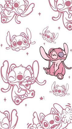 some cartoon characters on a white background with pink and purple colors, including an animal