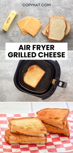 an air fryer grilled cheese sandwich on top of a red and white checkered table