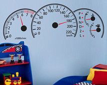 a child's bedroom with three speedometers on the wall and two toys