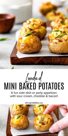 mini baked potatoes with sour cream, cheddar and bacon on a cutting board