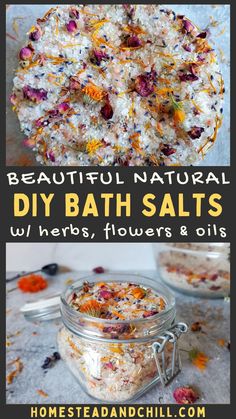 Learn how to make beautiful homemade bath salts using natural ingredients like epsom salt, sea salt, herbs, flowers, and organic essential oils. Perfect for self-care or a thoughtful DIY gift to share, bath salt soaks help alleviate stress, tension, sore muscles, inflammation, and more. Diy Bath Salts Recipe, Bath Salts Diy Recipes, Diy Bath Salts, Homemade Bath Salts, Diy Bath Salt, Bath Soak Recipe, Herbal Bath Salts, Natural Bath Salts