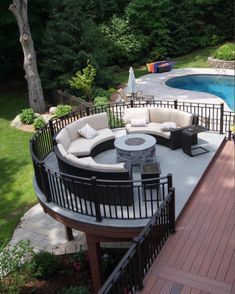 an instagram photo of a backyard with a pool and patio furniture in the foreground