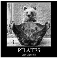 a bear sitting on its back with the caption pilates open leg rocker