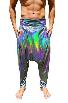 Shop our Holographic Drop Crotch Harem Pants. These hammer pants are unisex, suitable as both mens harem pants or womens harem pants & perfect for rave outfits. Holographic Pants, Mens Harem Pants, Rave Outfits Men, Hammer Pants, Rave Pants, Festival Outfits Men, Harem Pants Men, Burning Man Costume, Bohemian Pants