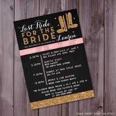 this is an image of a black and gold wedding party card with the words, last ride for the bride written on it