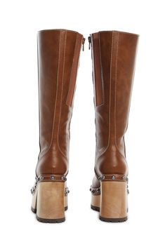 These knee high boots have a vegan leather construction with wood block heels, ball stud detailing, elastic side panels, and side zipper closures. Halloween Costume Boots, School Halloween Costumes, Dolls Kill Outfits, Fairy Festival, Halloween School, Boots Brown, Side Panels, Y2k Fashion, Dolls Kill