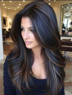 High Contrast Brown Hair, Black Hair Going Lighter, Lowlights Brown Hair, Black Hair With Highlights And Lowlights, Lowlights For Brunettes, Lowlights Hair Color, Dark Brown Hair With Low Lights, Black Hair With Lowlights, Black And Brown Hair