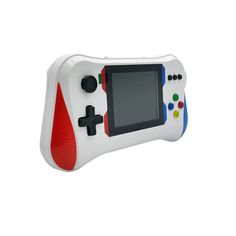 a white and red game controller with buttons on the front, sitting in front of a white background