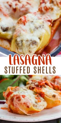 lasagna stuffed shells on a plate with spinach