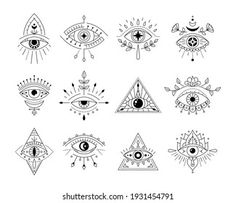 the all seeing eye symbols in black and white, set of twelve hand drawn illustrations