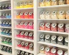 the shelves are filled with many different types of colored powders and sprinkles