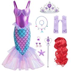 the little mermaid costume is set up with accessories