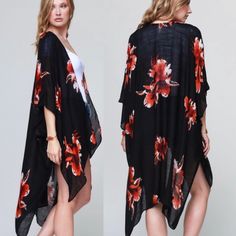 Boho Black Floral Kimono Wrap Beach Coverup This Gorgeous Wrap Is Long And Flowing In The Back, With Shorter Panels In The Front, Giving A High-Low Look, With An Open Draped Neckline In The Front. The Sleeves Are Shorter On Curvier Women, And Closer To Three Quarter Length On Women With A Slim Silhouette. It Has A V Shaped Cutout On The Neckline In The Back. The Fabric Is Slightly Translucent And Comfortable To Wear, With The Feel Of Linen. It Is Black, With Vibrant Flowers In Reds, Oranges, And Black Floral Kimono, Flower Kimono, Floral Print Kimono, Kimono Wrap, Print Kimonos, Floral Kimono, Floral Color, Swim Cover, Dress And Heels