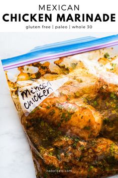 mexican chicken marinade in a plastic bag on a white counter top with text overlay