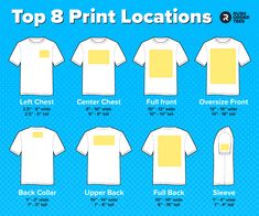 Logo Placement Guide: The Top 8 Print Locations for T-shirts Shirt Decal Placement Guide, Logo Placement Guide, Tshirt Printing Business, T Shirt Logo Design, Logo Placement, Shirt Logo Design, Tshirt Business, Cricut Projects Beginner, Shirt Print Design