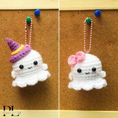 two pictures of the same item hanging on a wall, one with a pink bow and another with a purple hat