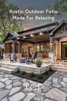 an outdoor patio made for relaxing with steps leading up to the front door and seating area