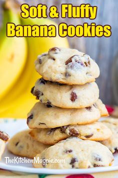 soft and fluffy banana cookies stacked on top of each other with bananas in the background