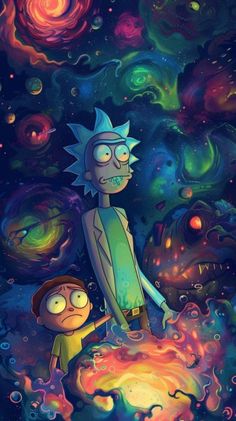 rick and mort in the space with colorful swirls on it's surface, as well as an image of planets