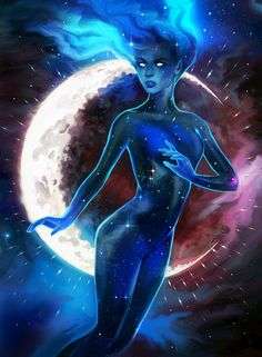 a painting of a woman with blue hair standing in front of a full moon and stars