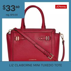 This Liz Claiborne women's Mini Tuxedo tote bag will become one of your favorites in your rotation thanks to its modern elegant design. This monogrammed style has a smooth faux leather trim, gold-tone hardware accents, and multiple pockets to hold your essentials. Adjust the shoulder strap to wear crossbody or carry it from the top handles. Features: Removable Straps, Adjustable StrapsClosure Type: ZipperPockets: 3 Inside Slip Pockets, 1 Inside Zip PocketMetal Color: Gold ToneMeasurements: 9 He… Red Tote Satchel With Adjustable Handle, Red Satchel With Adjustable Handle For Shopping, Handbags Tote, Liz Claiborne, Leather Trim, Leather Trims, Elegant Design, Tote Bags, Adjustable Straps