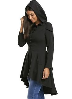 Solid Buttons Skater High Low A-line Dress - Floryday Womens Hooded Coat, Womens Fall Coats, Single Breasted Coat, Plus Size Outerwear, Coat Patterns, Fall Coat, Hooded Coat, Women's Wardrobe, Trench Coats