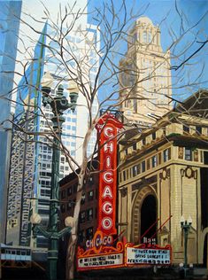 an oil painting of the chicago theater marquee