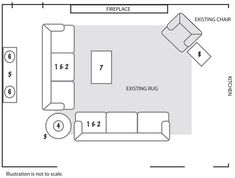 a drawing of a living room with couches, tables and other furniture in it