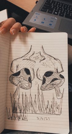 a person holding a notebook with two skulls drawn on it in front of a laptop