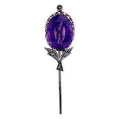 Antique Amethyst Flower Silver Tie Pin Diamond Flower Brooch, Gold Tie, Silver Tie, Gold Horse, Tie Pin, Goth Jewelry, Diamond Flower, Stick Pins, Pearl Diamond