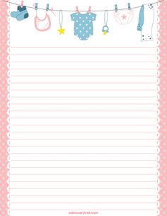 a baby shower notepad with clothes hanging from the line and stars on it's side