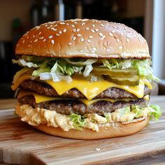 a cheeseburger with lettuce and pickles on a wooden cutting board