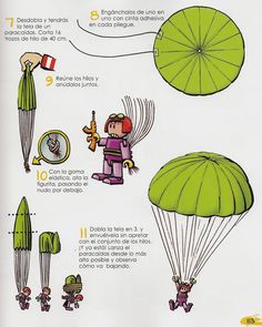 the instructions for parachuting are in spanish and english, with pictures of parachutes