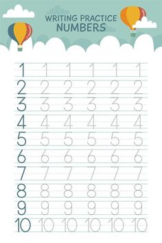 an exercise sheet with numbers and hot air balloons in the sky, for children to practice writing