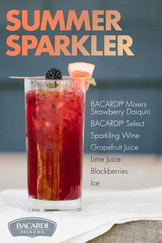 Make the Summer Sparkler the highlight of your next afterdark get-together! Simply mix up this summertime magic with BACARDI® Mixers Strawberry Daiquiri, sparkling wine, grapefruit juice, lime juice, blackberries, and your favorite rum. Rum Cocktails, Strawberry Daiquiri, Grapefruit Juice, Bacardi, Adult Drinks, Summer Cocktails, Party Drinks