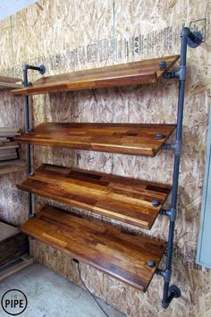 the shelves are made out of wood and metal