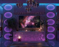 a bedroom decorated in purple and blue lights