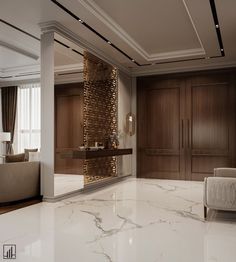 an elegant living room with marble floors and walls