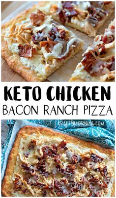 the keto chicken bacon ranch pizza is cut into four pieces and ready to be eaten