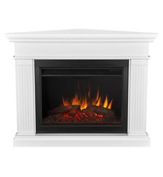 a white fireplace with flames on it