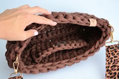 Crocheted HANDBAG* with fabric shoulder strap (adjustable, animal print), PU leather bottom, inside pocket. SIZE: 33x23x11 cm MATERIAL: 90% cotton, 10% polyester (fabric yarn - made from apparel/textile industry waste) COLOUR: Brown. *item in the picture is the one you are getting Textile Industry, Fabric Yarn, Crochet Handbags, Inside Pocket, Pu Leather, Purses And Handbags, Polyester Fabric, Animal Print, Shoulder Strap