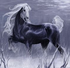 a painting of a black horse running in the snow