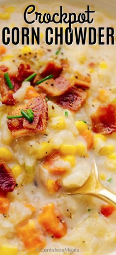 a close up of a bowl of corn chowder with bacon and cheese on top