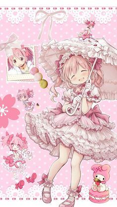 an anime character with pink hair and dress holding an umbrella in front of her face