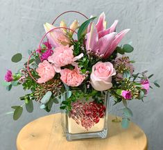 a vase filled with pink flowers on top of a table