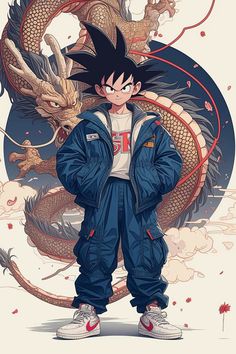 an anime character standing in front of a dragon