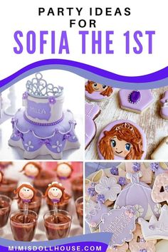 princess party ideas for the 1st birthday with purple and white decorations, cookies, and cupcakes