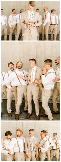 three pictures of men in suits and ties posing for the camera with their arms around each other